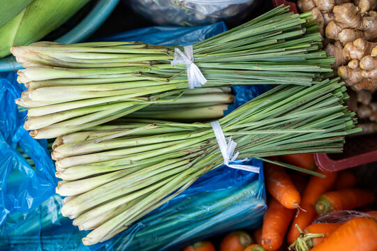 Bunch of green lemongrass stalks tied with thread at shop counter selling outdoors at street market, display of fresh greens on sale at local bazaar, vendors offer exotic ingredients for cookery.