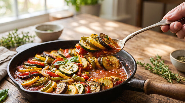Lifting a spoonful of delicious French ratatouille from a cast iron skillet.