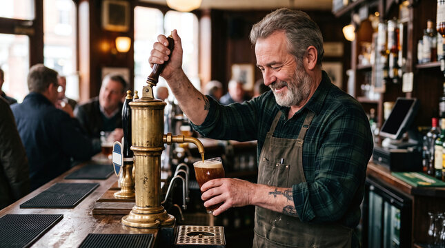 Smiling bartender pouring a pint of real ale with a classic brass hand pump.