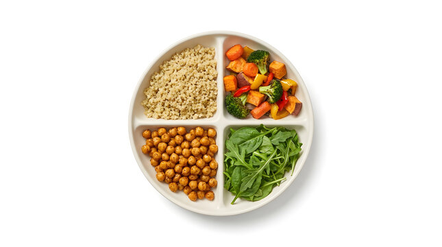 Divided Healthy Meal Prep Plate with Quinoa, Roasted Vegetables, Chickpeas, and Fresh Arugula on White Background