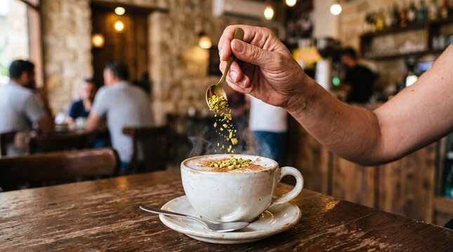 Hand sprinkling pistachio topping on a steaming cup of sahlab in a cozy cafe