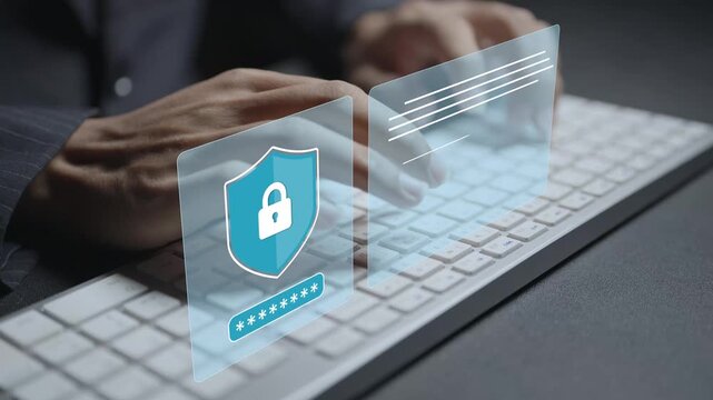 Digital shield and cybersecurity concept. Person typing keyboard with security shield and network protection icons, data security, threat prevention and digital privacy.
