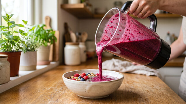Pouring fresh berry smoothie from a blender into a healthy breakfast bowl.