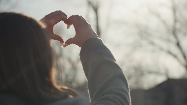 Pretty white woman seen from back, coatclad figure gazing at bare trees then shaping heart with hands, soft golden light and subtle flare, contemplative travel mood, young traveler pausing to connect