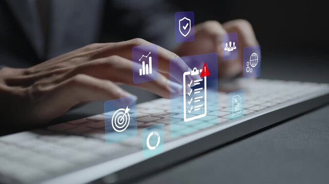 Business and investment risk management concept. Person typing keyboard with risk analysis and financial icons, investment assessment, risk mitigation and strategic decision making.