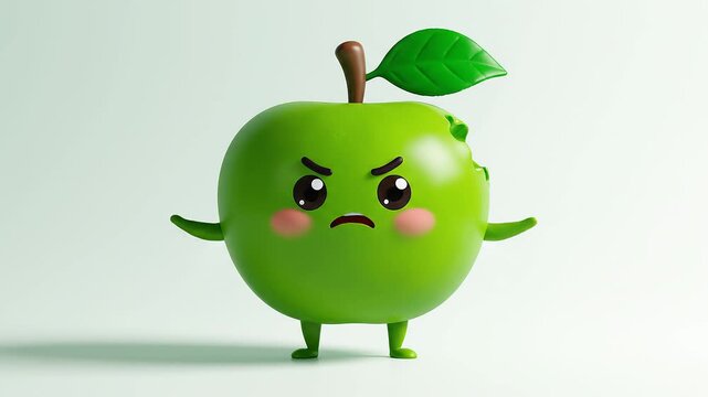 Angry Green Apple Character with Bite Mark Standing in 3D Realistic Minimalist Illustration Style