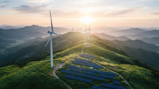 Wind turbines and solar panels on a green mountain ridge at sunrise