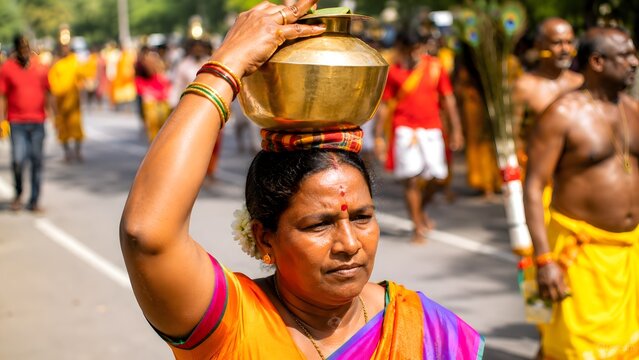 Indian woman carrying a brass milk pot on her head during Thaipusam festival.