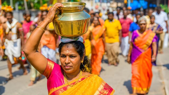 Indian woman carrying a brass milk pot on her head during Thaipusam festival.