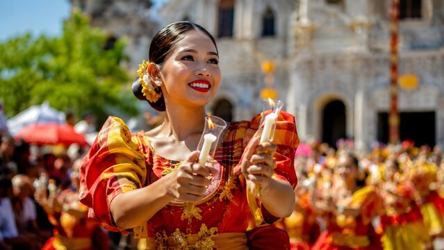 Smiling Filipina dancer holding lighted candles at Sinulog Festival in Cebu