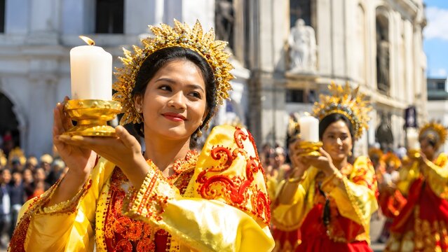 Filipina dancer holding a lighted candle at the Sinulog Festival in Cebu