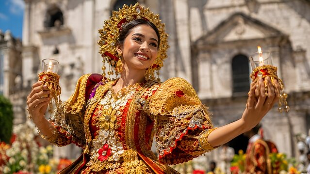 Filipina dancer holding candles at the Sinulog Festival in Cebu, Philippines