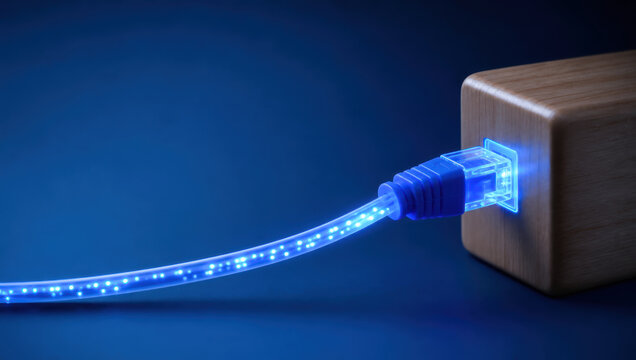 Precision esg supply chain tracking illustrated by glowing ethernet cable plugged into wooden block on blue background