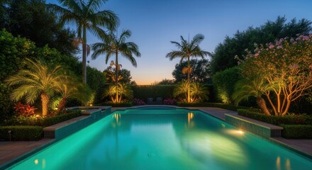 Fototapeta premium Luxurious Tropical Oasis Backyard Pool With Palm Trees At Dusk
