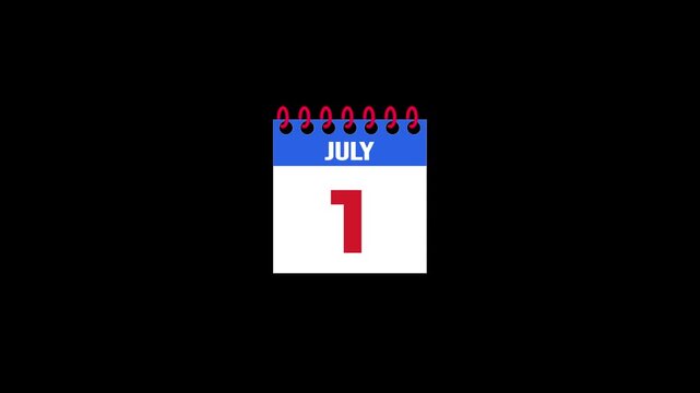 Daily Calendar Page Flip Animation from June 30 to July 1 with Page Turn Transition on Black Background. Day to day. date change concept