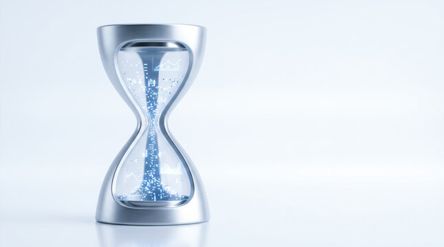 Hourglass hologram technology digital futuristic time innovation blue glass abstract concept modern countdown data science minimal progress
