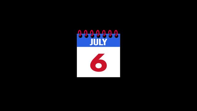 Daily Calendar Page Flip Animation from July 5 to July 6 with Page Turn Transition on Black Background. Day to day. date change concept