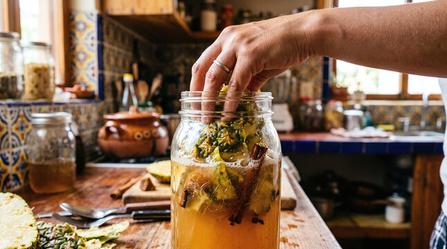Making traditional Mexican tepache by fermenting pineapple peels in a jar.