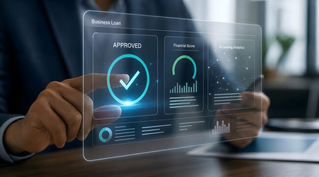 Business loan approved and financial score hologram dashboard.