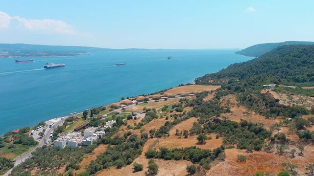 Kilitbahir, Turkey. The Mecidiye Bastion, a 19th-century Ottoman earth-covered artillery fortification, aerial view along the Dardanelles Strait under clear summer skies. Aerial View, Point of intere