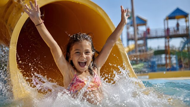 Excited young girl sliding down a yellow water slide with her arms raised