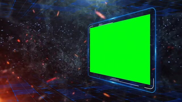 Action Trailer Digital Media Box Slideshow with Green Screen Chroma Key Placeholder and High-Tech Explosive Particle Grid Backdrop