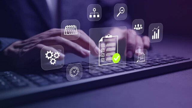 Task management systems concept. Person typing keyboard with task tracking and workflow icons, project management, productivity, scheduling and team collaboration.
