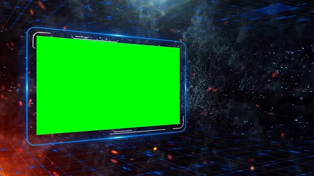 Cinematic Sci-Fi Digital Display Box Slideshow with Green Screen Chroma Key Screen Replacement and Fiery Cyber Grid Motion Environment 