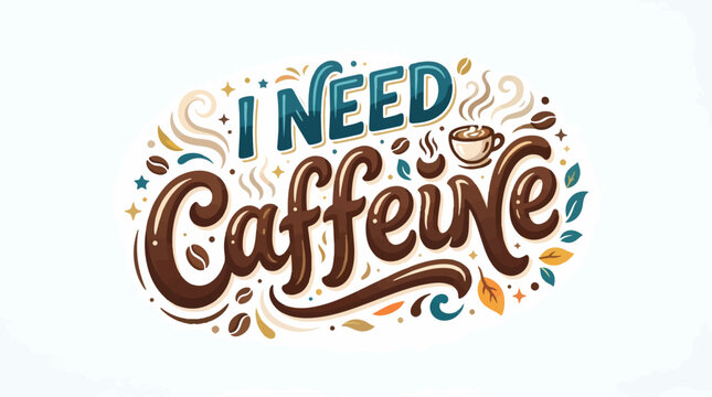 Vibrant, hand-lettered 'I NEED CAFFEINE' text with coffee beans, a steaming cup, and decorative swirls. Artistic illustration in brown and teal tones on a light background.