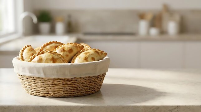 A wicker basket filled with golden-brown baked empenadas rests on a marble kitchen countertop with a soft-focus background of a modern bright kitchen.