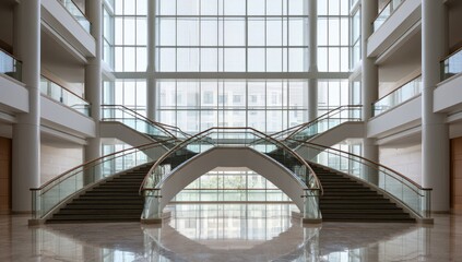 Obraz premium Grand Staircase in a Modern Building with Large Glass Windows.