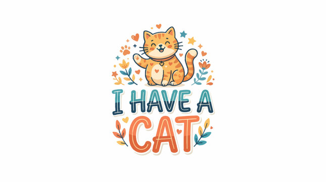 A cute cartoon cat waves hello, sitting amongst flowers and hearts, with the text I HAVE A CAT below.