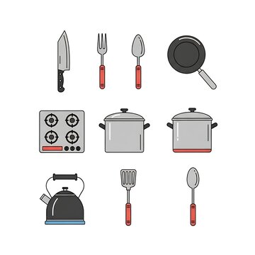 Collection of kitchen utensils and appliances.