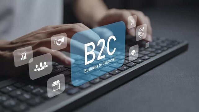 B2C Business to Consumer concept. Person typing keyboard with ecommerce and customer icons, direct sales, digital marketing, online shopping and customer engagement.