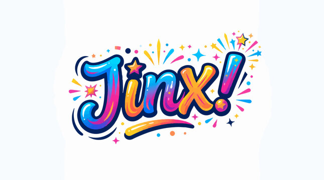 Vibrant, playful illustration of Jinx! in a colorful gradient font, adorned with stars and confetti bursts. The bubbly text pops with energetic fun on a clean white background.