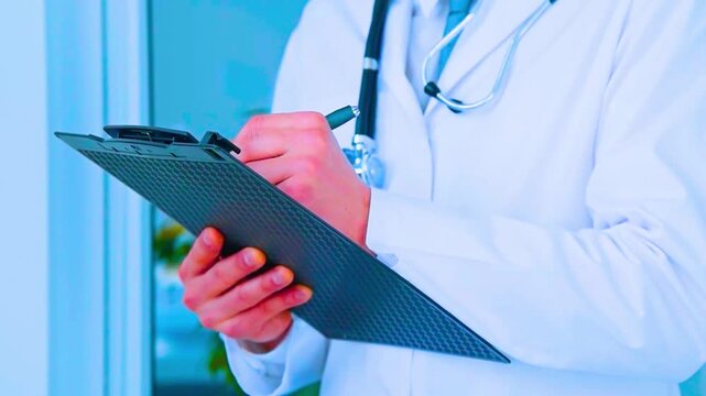 Doctor writing medical prescriptions on clipboard inside hospital office