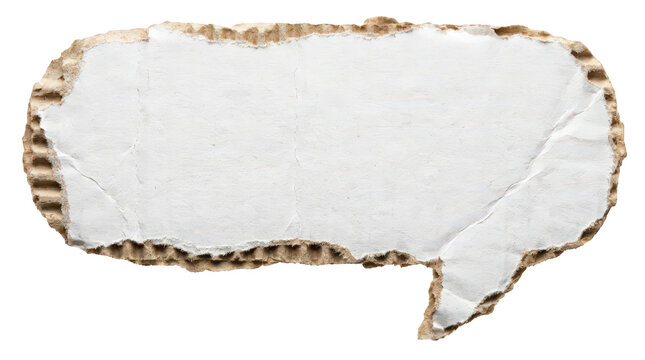 Torn cardboard speech bubble, ripped white paper message frame, grungy cardboard text balloon for design isolated on Transparent Background