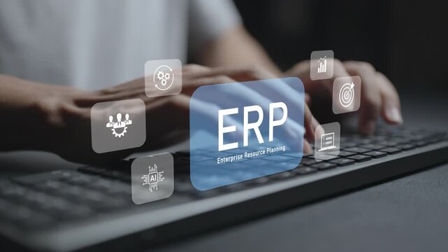 AI ERP system and Enterprise Resource Planning. Person typing keyboard with artificial intelligence and business management icons, automated workflows, resource planning and enterprise operations.