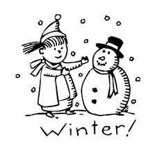 Child building a snowman in winter. Cute hand drawn illustration of snowy seasonal fun.