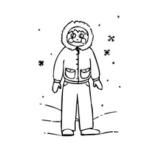 Child in winter clothes standing in snow. Kid wearing a parka during a cold snowy day.