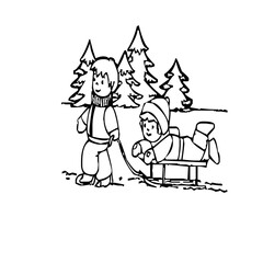 Children playing with a sled in winter. Kids enjoying outdoor snow activities together.