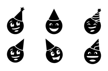 Party Hat Emoji Icons, Celebration Faces Vector Set, Festive Emoticons Collection, Happy Birthday Graphics