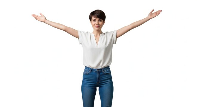 Young woman with arms outstretched smiling happily