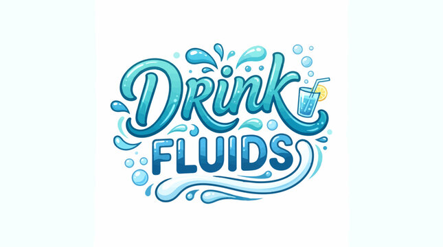 Stylized DRINK FLUIDS text in refreshing blue tones with water splashes, bubbles, and a small glass icon with a straw and lemon, highlighting the importance of staying hydrated.