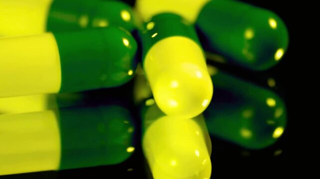 Green yellow medical pills scattered on black surface reflecting light
