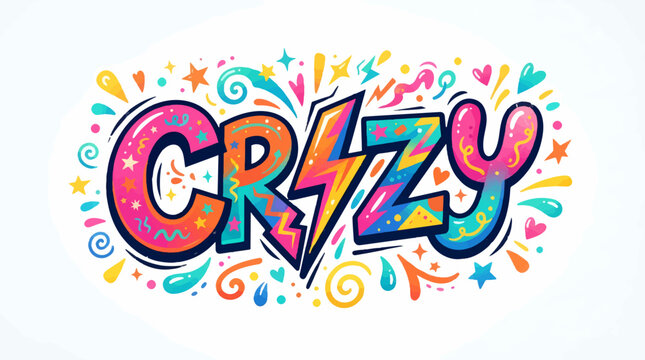 A vibrant and colorful pop art style typographic illustration of the word CRAZY with a lightning bolt as the letter 'A', surrounded by playful doodles, stars, hearts, and swirls.