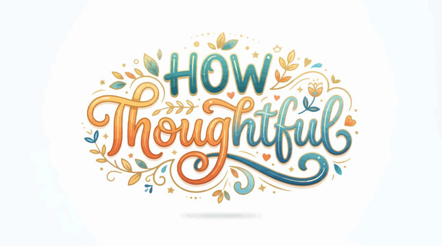 Decorative hand-lettered HOW Thoughtful text with a colorful gradient, surrounded by whimsical leaves, flowers, hearts, and stars on a light background.