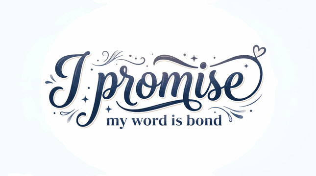 Elegant graphic with I promise in decorative dark blue script, accented with swirls and stars. Below, my word is bond in smaller text, on a light background.