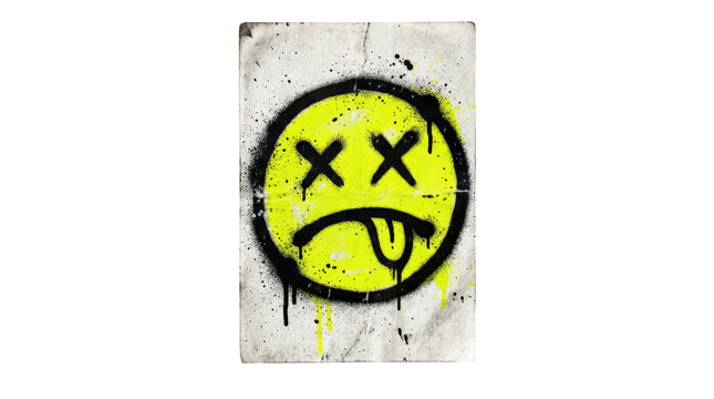 Grungy graffiti smiley face on distressed paper, urban street art sticker, yellow spray paint dead emoticon isolated on Transparent Background