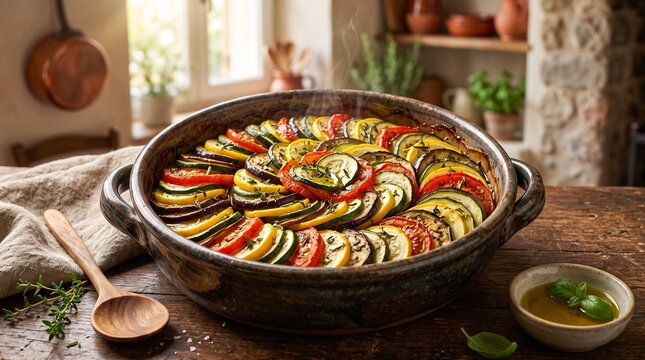 Healthy baked ratatouille with thinly sliced vegetables in a rustic dish